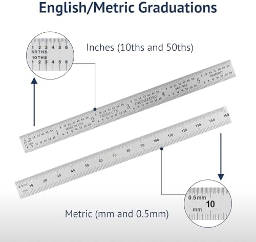 PEC Tools 6"/150mm Metal Ruler, Flexible, English & Metric, High Precision