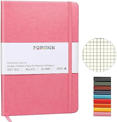 Grid Journal Bullet Notebook - Pink Leather Cover, 8.3 x 5.7Inch, 160 Pages, 100gsm Paper, Hardcover with Inner Pocket, Elastic Closure and Ribbon Bookmark, Great for Women and Men
