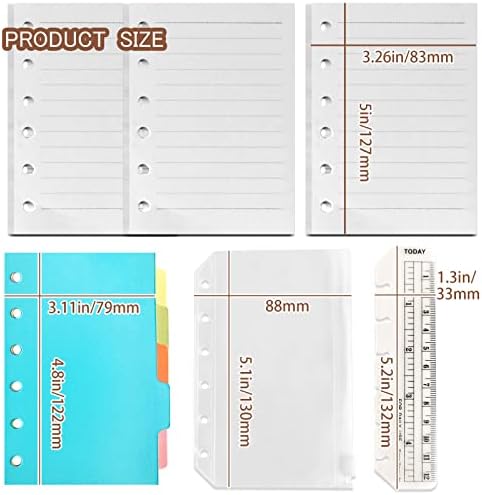 DY.2ten Refillable A7 Notebook Set, 3 Pack Lined Refill Paper, A7 Clear Zipper Binder Pockets, Dividers, Ruler Marker, Paper Refill for 6-Ring Binders Planner Notebook
