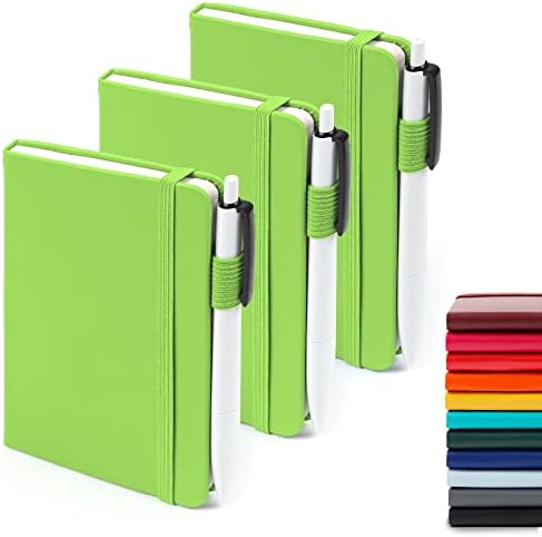 feela 3 Pack Pocket Small Notebook Journals, Mini Cute Memo Notepad Hardcover College Ruled Lined Journals with Pen Holder for Women Girls Office School, with 3 Black Pens, 3.5”x 5.5”, A6, Green