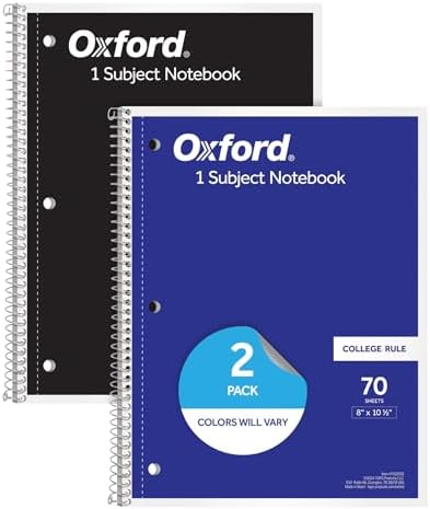 Oxford Spiral Notebooks, 2 Pack, 1 Subject, College Ruled Notebooks for School, 8 x 10.5 Inches, 70 Sheets, Assorted Colors, Back to School Supplies (1002522)