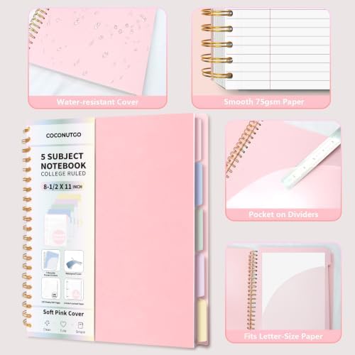 5 Subject Spiral Notebook, College Ruled, 150 Sheets, Pink Plastic Cover, 5 Movable Pastel Tab Dividers with Pockets, 3-Hole Punched, 75gsm Paper, Writable Stickers, Fits 8.5 x 11 in Paper
