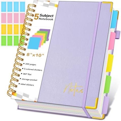 5 Subject Graph Paper Notebook with Removable Dividers Tabs, 300 Pages Hardcover Leather Grid Spiral Journal, 8"x10" B5 Large Graphing Notebooks for Women Men Work School College Engineering, Purple
