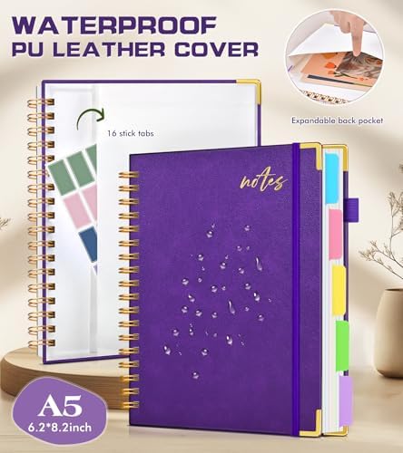 PAPEJOON Hardcover Spiral Notebook Journal with Removable Dividers Tabs, 300 Pages Organizer Notebooks for Work School, Leather 5 Subject Notebook College Ruled, Small Lined Journal for Women，Purple