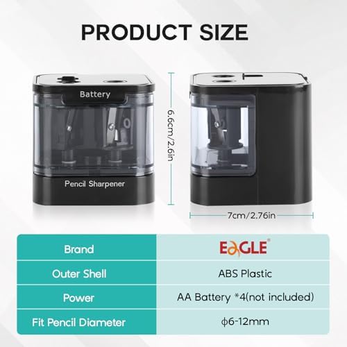 Eagle Electric Pencil Sharpener, Dual Holes, Battery Powered for School/Office/Art, 5s Fast Sharpening, Portable w/Large Shaving Tray & Replaceable Blades, for 6-12 mm Pencils (Black)