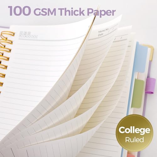 SKYDUE 5 Subject Notebook with Dividers and Tabs, 8" x 10" College Ruled Notebook for Work, 300 Pages Spiral Journal for Women, Purple