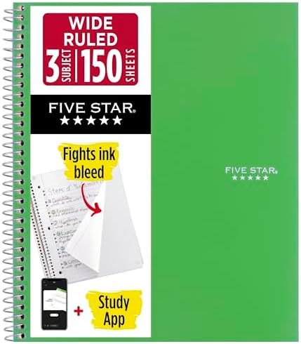 Five Star Spiral Notebook + Study App, 3 Subject, Wide Ruled Paper, 8" x 10-1/2", 150 Sheets, Fights Ink Bleed, Water Resistant Cover, Forest Green (73176)