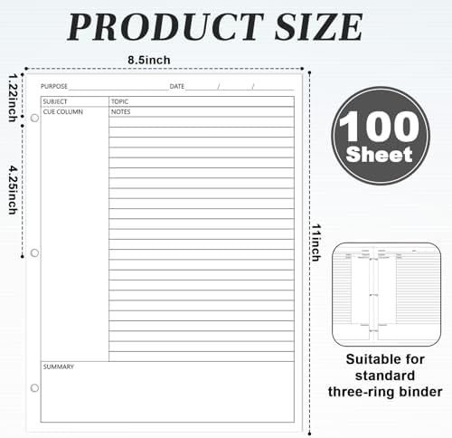 gisgfim 100 Sheets Cornell Notes Loose Leaf Paper Notebook Taking System Filler Paper 8.5×11 Inch 3 Hole Punch Cornell-Style Notes Pages Note Taking Supplies for School Office Business Home 80gsm