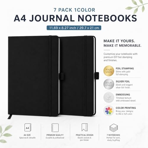 Laumoi 7 Pack Hardcover Lined Journal Notebooks Bulk,Black,A4