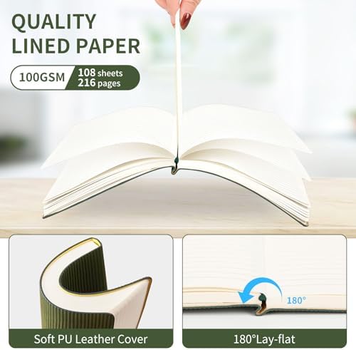 TSFPapier A5 Lined Notebook with Pen & Gift Box 216 Pages PU Leather Journal for Women Men 100GSM Thick Paper College Ruled Notebook for School,Travel,Business,Work,Home Writing (Dark Green)