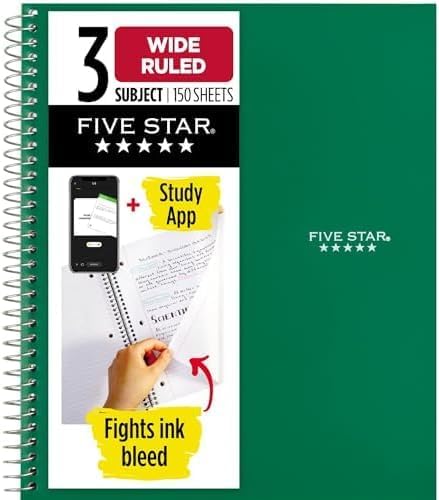 Five Star Spiral Notebook 3 Subject Wide Ruled | Forest Green | 150 Sheets | Water Resistant Cover | Pack of 6