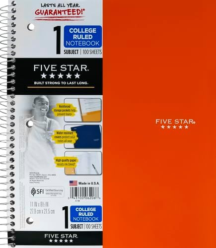 Five Star Spiral Notebook, 1 Subject, College Ruled Paper, 100 Sheets, 11" x 8-1/2", Color Selected For You, 1 Count (06044)