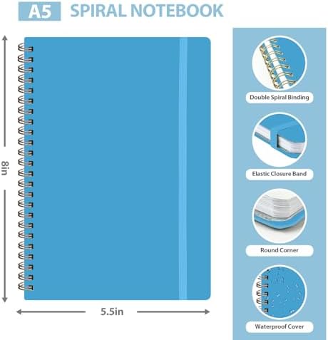 A5 Lined Spiral Journal Notebook, 146 Pages Hardcover Notebook with 100 GSM Thick Paper, Inner Pocket & Elastic Closure, 5.7" x 7.9", Notebooks for Work, School, College, Office, Journaling & Note Taking