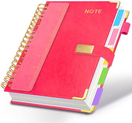 Hardcover Spiral Notebook 6.2''x 8.2'' College Ruled Notebook with Magnetic Closure, 300 Pages 5 Subject Notebooks with Pocket Dividers for Work School, A5 Leather Journal for Women, Men (Rose Red)