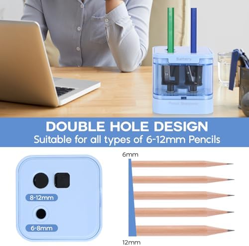 Eagle Electric Pencil Sharpener, Dual Holes, Battery Powered for School/Office/Art, 5s Fast Sharpening, Portable w/Large Shaving Tray & Replaceable Blades, for 6-12 mm Pencils(Blue)