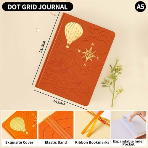Dot Grid Journal with 160GSM Thick Paper, 192 Pages, A5 Dotted Notebook for Work, School, Travel | 180° Lay Flat, Foil Stamped Cover, Elastic Band, 2 Bookmarks & Inner Pocket (Orange)