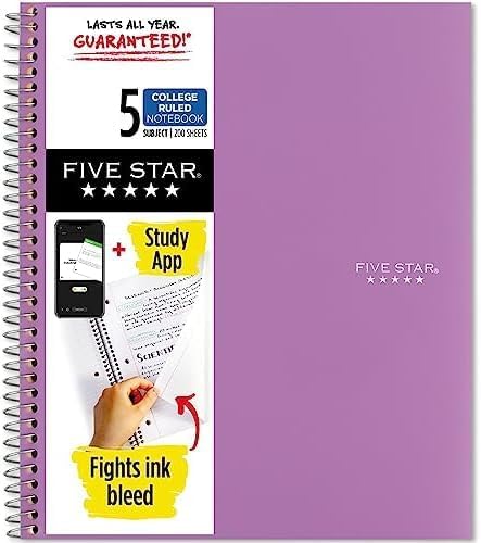Five Star Spiral Notebook + Study App, 5 Subject, College Ruled Paper, 8-1/2" x 11", 200 Sheets, Fights Ink Bleed, Water Resistant Cover, Amethyst Purple (38748), 1 Count (Pack of 6)