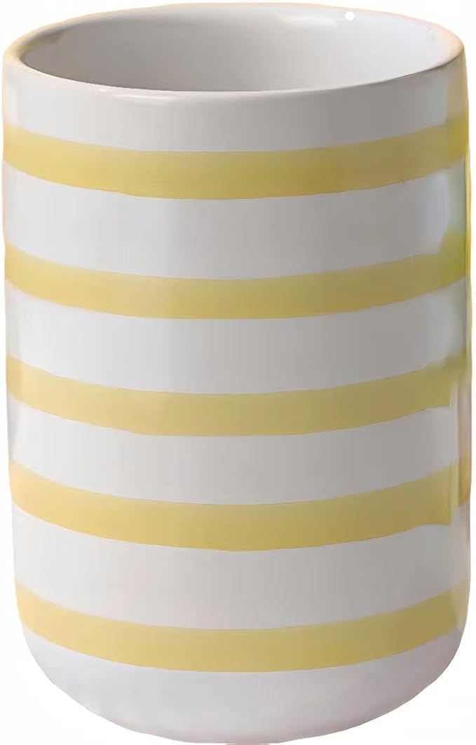 Cute Ceramic Pen Holder for Desk Office Supplies Cubicle Decor Kawaii Workspace Accessories Boho Makeup Organizer for Women Girls Pencil Cup Aesthetic Caddy for Home Office (Yellow Stripe)