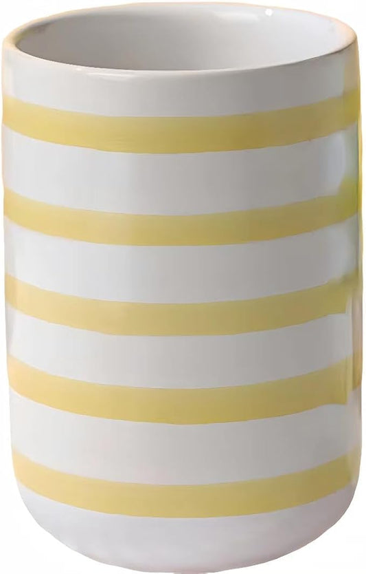 Cute Ceramic Pen Holder for Desk Office Supplies Cubicle Decor Kawaii Workspace Accessories Boho Makeup Organizer for Women Girls Pencil Cup Aesthetic Caddy for Home Office (Yellow Stripe)