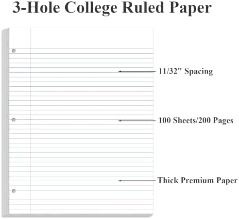 Loose Leaf Paper - 8.5" x 11" Filler Paper, 100 Sheets/200 Pages College Rule Filler Notebook Paper, 3 Hole Punched College Ruled Paper for 3 Ring Binder, White
