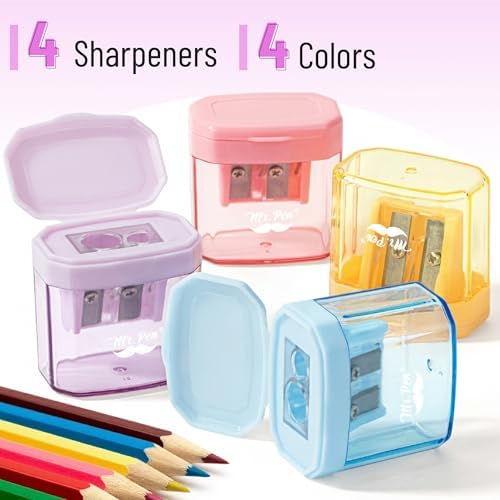Mr. Pen- Manual Pencil Sharpener, 4 Pack, Colorful, Dual Holes | Compatible with Standard and Jumbo Pencils, Snap-on Lid, Colored Handheld Pencil Sharpener for Artists, Classroom