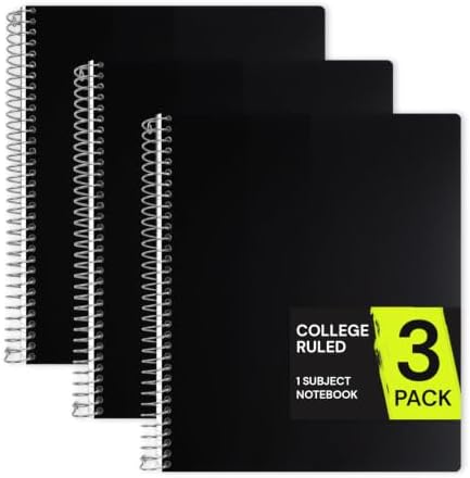 ONAVIA 1 Subject Spiral Notebook College Ruled 3 Pack, 200 Pages, Black
