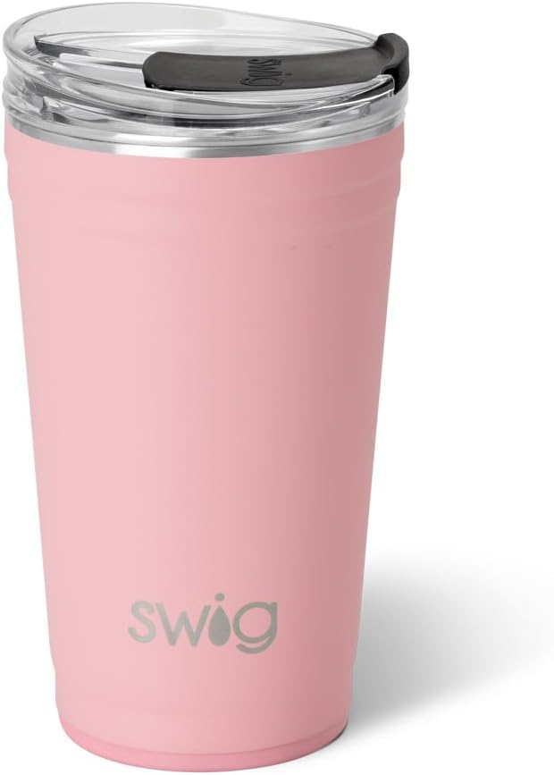 Swig Life 24oz Party Cup, Stackable Insulated Travel Coffee Tumbler with EZ Slider Lid, Cup Holder Friendly, Stainless Steel 24 oz Tumbler, Reusable Coffee Mug (Blush)