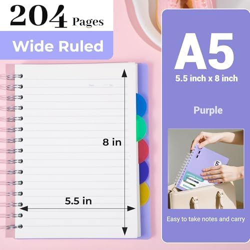 Spiral Notebook with Dividers & Tabs ,5 Subject Notebook,5x7,Violet