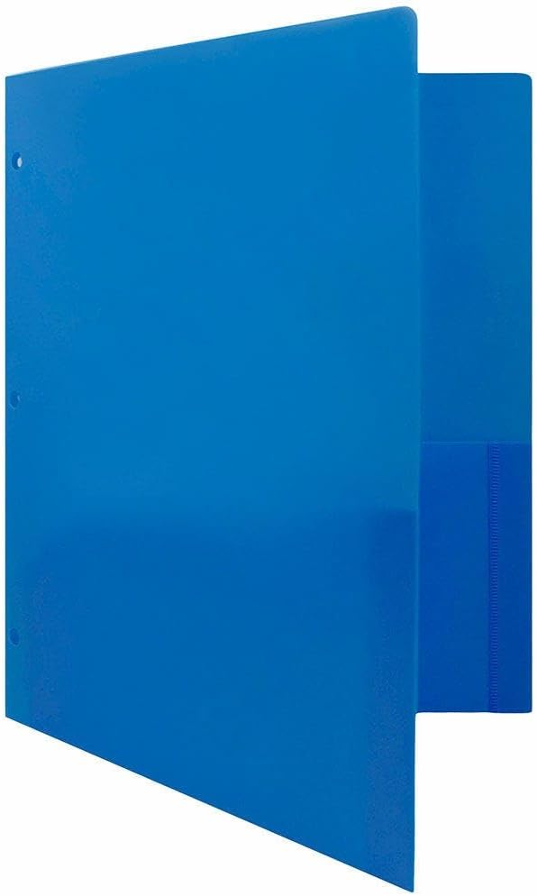 JAM PAPER Heavy Duty Plastic 3 Hole Punch Pocket Folders - Extra Tough School Folders - Blue - 24/Pack