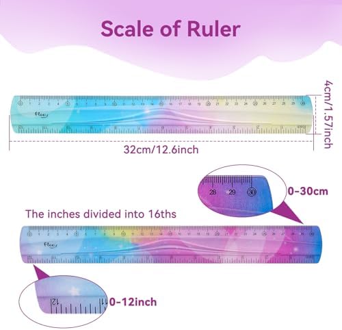 2PCS Flexible Ruler, 30cm/12inch Plastic Ruler Shatterproof Straight Edge Ruler Bendable Safe Soft Gradient Colored Flex Ruler with Centimeter and Inch Scales for School Classroom Office Kids & Adults