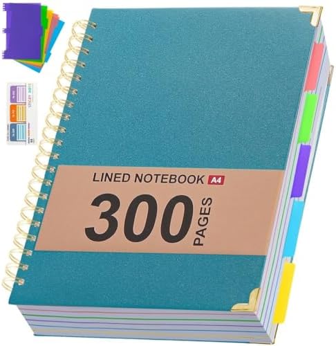 Hardcover Leather Spiral Notebook 8.5" x 11" with Removable Dividers, 300 Pages 5 Subject College Ruled Notebook for Work with Tabs, A4 Spiral Journal for Women Men, School Students Note Taking, Teal