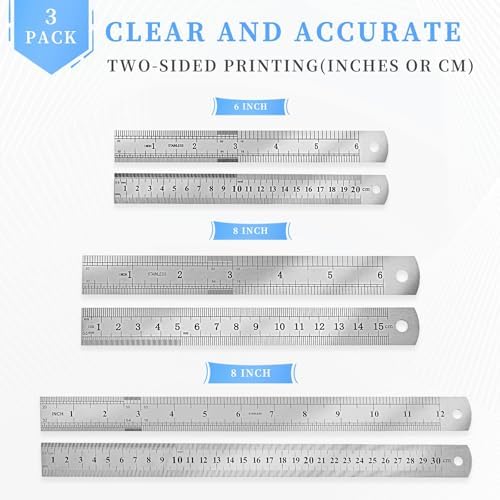 Metal Ruler, 3 Pack, 6, 8, 12 Inch (15, 20, 30 CM) | Metric Ruler