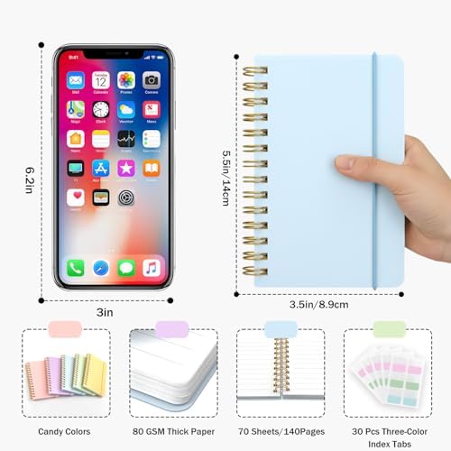 5 Pack Small Mini Pocket Spiral Notebook 5.5x3.5, Hardcover Little Notebook with Removable Dividers Tabs, Journals Note Books for Note Taking, Work, School, Cute Notebooks with Strap 70 Sheet