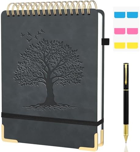 A4 Top Spiral Notebook, Tree Pattern Large Leather Hardcover Left Handed Journal, 240 Pages 100 Gsm Lined Paper Top Bound Steno Pads for Work, School, Travel Writing - Black, 8.5" x 11"