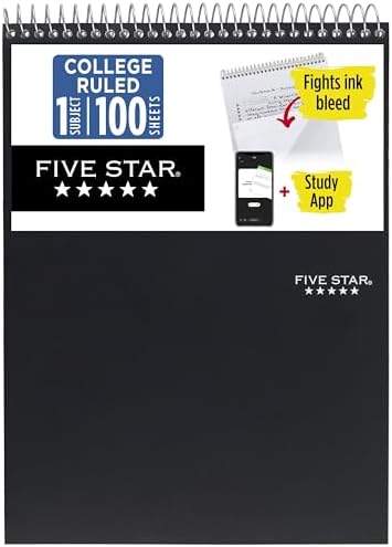 Five Star Top Spiral Notebook + Study App, 1 Subject, College Ruled Notepad, 8-1/2" x 11", 100 Sheets, Fights Ink Bleed, Water Resistant Cover, Black (820058A-ECM) (Pack of 12)