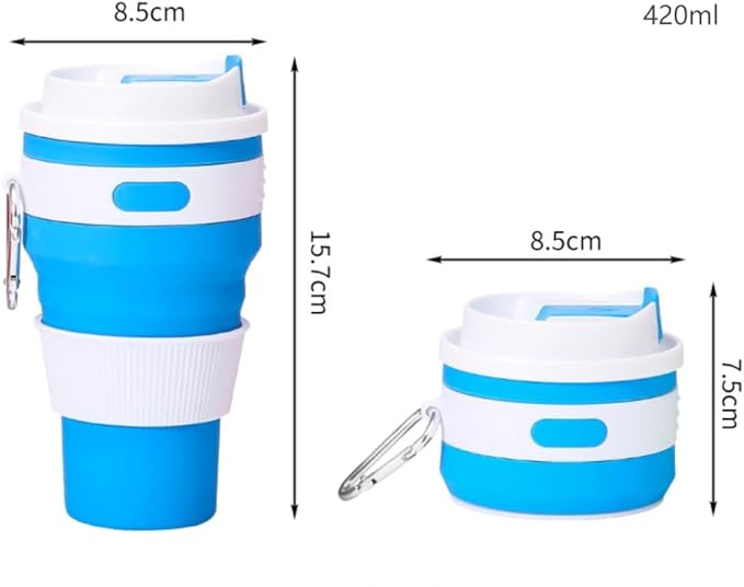 Foldable silicone coffee cup, 16 oz portable eco-friendly water cup with double lids, storage with hanging ring to save space, suitable for outdoor hiking, camping, cycling, car use (Blue 420ML)