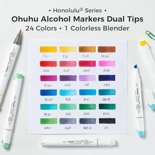 Ohuhu Alcohol Markers Brush& Chisel 24 Colors for Adult Coloring Refillable