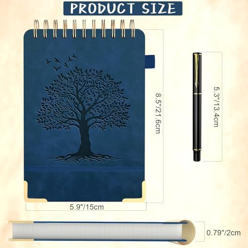 A5 Top Spiral Notebook, Tree Pattern Large Leather Hardcover Left Handed journal, 240 Pages 100 Gsm Lined Paper Top Bound Steno Pads for Work, School, Travel Writing - Navy Blue, 5.9" x 8.5"