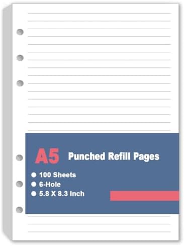 A5 Lined Paper Refill, 6 Hole Notebook Refills Paper for 6 Ring Refillable Binder, A5 Filler Paper, Loose Leaf Paper for Filofax Planner Refills, Organizer, 100 Sheets/200 Pages, 5.8 x 8.25 Inch