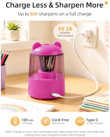 ZMOL Rechargeable Electric Pencil Sharpener for Colored Pencils Pink
