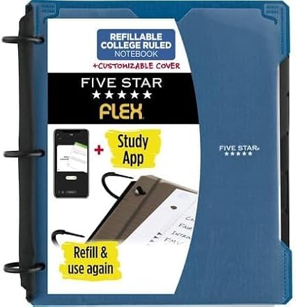 Five Star Flex Refillable Notebook+Study App, College Ruled Paper& 1" TechLock Ring Binder with Customizable Cover, Pockets, Tabs and Dividers, 200 Sheet Capacity, Pacific Blue (29326AD2) (Pack of 6)