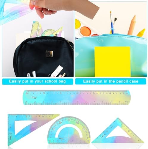 1 Set Flexible Ruler Math Set - Includes Protractor, Triangle Rulers, 12 Inch Straight Ruler, Drafting Geometry Measuring Tool for School, Office, Home Supplies (Gradient Style, Blue)