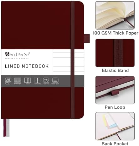 &And Per Se Lined Journal Notebook – A5 5.7”x8” College Ruled, 160 Pages, 100gsm Thick Paper, Journaling Notebooks for Writing (Dark Red)