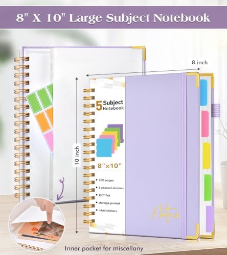 5 Subject Dotted Notebook with Removable Dividers Tabs, 300 Pages Hardcover Leather Dot Grid Spiral Journal, 8"x10" B5 Large Bullet Notebooks for Women Men Work School College Maths Sketching, Purple