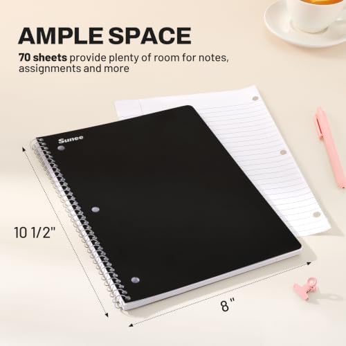 SUNEE Spiral Notebooks, 3 Pack, 1-Subject, College Ruled Paper, 8" x 10-1/2", 70 Sheets per Notebook, Black