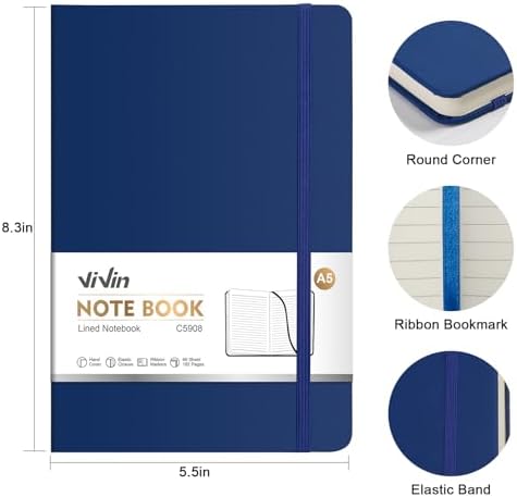 ViVin A5 Hardcover Lined Notebook,192 pg College Ruled 5.5x8.3