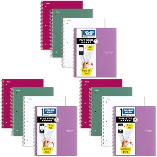 Five Star Spiral Notebook + Study App,100 Sheets,1 Subject,College Ruled Paper,Fights Ink Bleed,Water Resistant Cover,820337-ECM,Purple,Pink,White & Green,8-1/2" x 11",4 Count (Pack of 3)