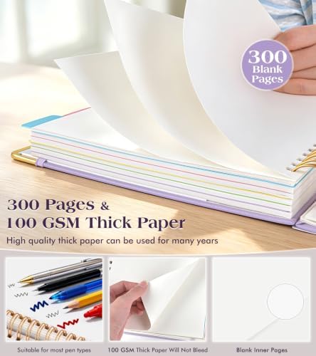 5 Subject Blank Notebook with Removable Dividers Tabs, 300 Pages Hardcover Leather Sketch Book Spiral Journal, 8"x10" B5 Large Sketchbook Notebooks for Women Men Work School Sketching Drawing, Purple