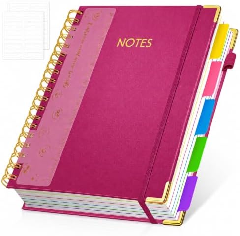 Hardcover Spiral Notebook Journal, 8"x10" Large B5 Notebooks with Removable Dividers Tabs, 300 Pages Leather 5 Subject Notebook College Ruled, Lined Journal for Women Work School Note Taking, Rose Red