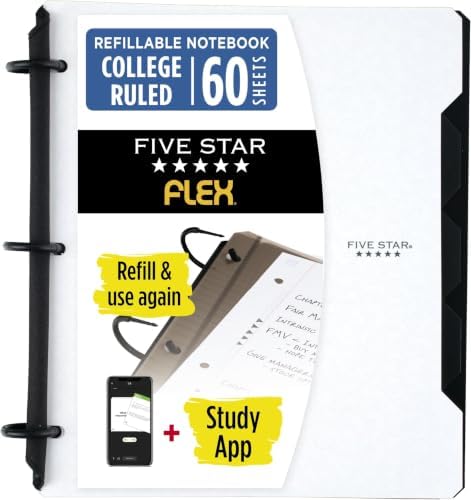 Five Star Flex Refillable Notebook + Study App,College Ruled Paper and 1 Inch TechLock Ring Binder with Pockets,Tabs and Dividers,200 Sheet Capacity,White (29328AE2), 1 Count (Pack of 6)